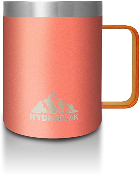 Hydrapeak 12oz Stainless Steel Double Vacuum-Insulated Coffee Mug, Reusable Travel Cup with Integrated Handle and Press In Lid (Living Coral)