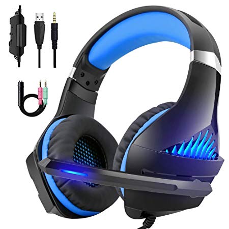 DeepDream PC Headset,Gaming Headset Over-Ear Headphones with Noise Cancelling Mic & Volume Control Compatible with PS4 Xbox One Nintendo Switch,Led lights