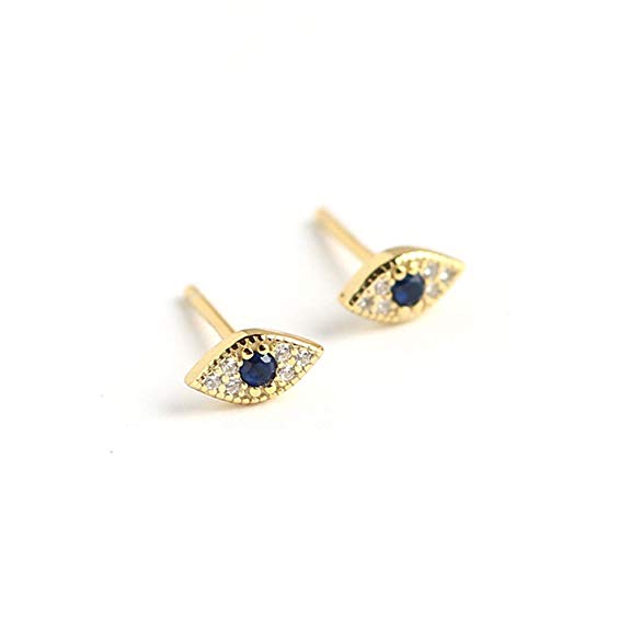 Dainty Evil Eye Mini Stud Earrings Sterling Silver Blue Crystal CZ Wedding Earring Ear Piercing Studs for Women Little Girls