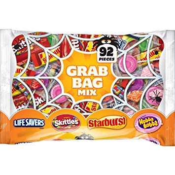 SKITTLES, STARBURST, LIFE SAVERS and HUBBA BUBBA Gum Halloween Candy Grab Bag, 92 Fun Size Pieces, 24.9 ounces