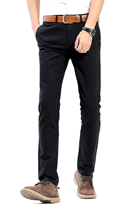 Mens Slim Fit Flat Front Casual Twill Pants 100% Cotton Work Tapered Pants, 21 Colors, Size 29-40