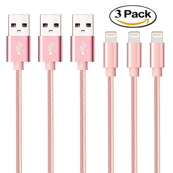 iPhone Charger,Cables 3Pack 3FT,3FT,3FT to USB Syncing and Charging Cable Data Nylon Braided Cord Charger for iPhone X/8/7/7 Plus/6/6 Plus/6s/6s Plus and more(Rose Gold)