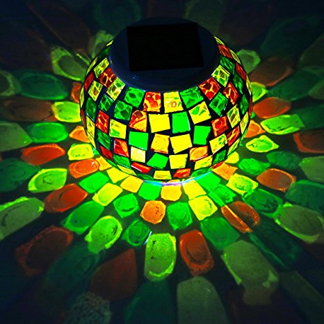 Color Changing Mosaic Glass Ball Waterproof Yard Light Solar Powered Outdoor LED Table light Mosaic Night Lamp for Garden Home Patio Festival Party Decorations (Green Yellow)