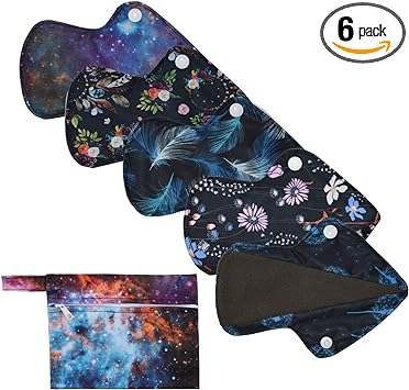 5 Thong Panty Liners 1 Wet Bag Cloth Menstrual Pads Charcoal Sanitary Reusable Washable (Universe Pack)