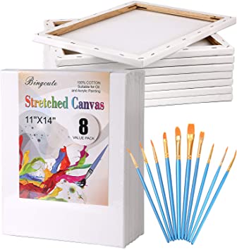 Canvas Boards for Painting 11x14, Pre Stretched Canvas Blank White Value Pack of 8 Primed Canvases Panels 5/8”Thick 100% Cotton for Acrylics Oil Painting with 10pcs Brushes for Adults Kids