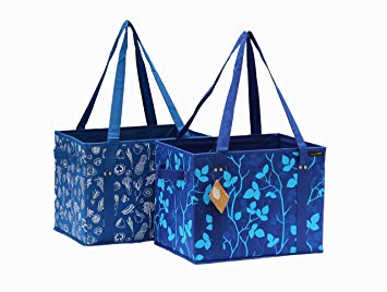 PreserveNext Reusable Classic Tote/Collapsible Shopping Box Set with Reinforced Bottom, Side Handles and Key Ring Clasp - Blue - Assorted (2 Pack)