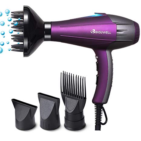 Basuwell Hair Dryer Professional Ionic Hairdryer 2100W Salon Fast Blow Dryers 3 Heat 2 Speed Settings Low Noise Far Infrared AC Motor With Hair Diffusers/ Comb/ Nozzle/ UK Plug - Purple