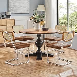 Yaheetech Rattan Dining Chairs Set of 4 Dining Room Chairs Mid Century Modern Kitchen Chairs with Metal Legs and Upholstered Seat for Home Kitchen Living Room, Faux Leather, Retro Brown