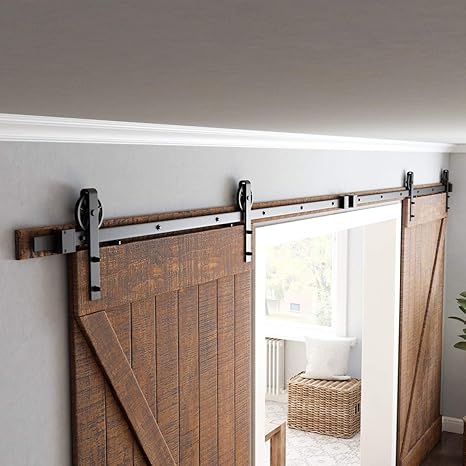 SMARTSTANDARD 16ft Sliding Double Barn Door Hardware Kit-Smoothly and Quietly-Heavy Duty Industrial Design-Includes Step-by-Step Installation Instruction Fit 42"-48'' Wide Door Panel(Bigwheel Hanger)