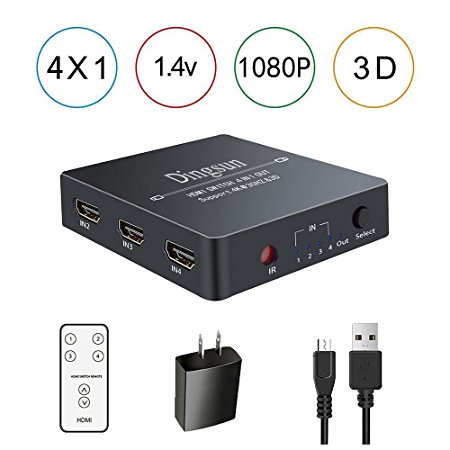 4 Port HDMI Switcher, 4 Port HDMI Switch with Remote Control and AC Power Adapter, HDMI Switches Supports 4K, 1080P, 3D (4 IN 1 OUT HDMI Switch)