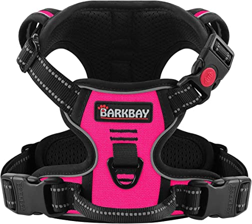 BARKBAY No Pull Dog Harness 3 Buckles Front Clip Heavy Duty Reflective Easy Control Handle for Large Dog Walking(Pink,S)