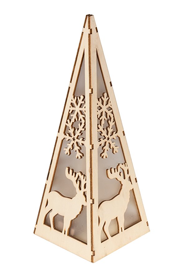 Christmas Flameless LED Candle Table Top Pyramid Lantern by Clever Creations | Durable Painted Wood | Christmas Reindeer Design | Measures 4.25" x 4.25" x12" | Battery Powered