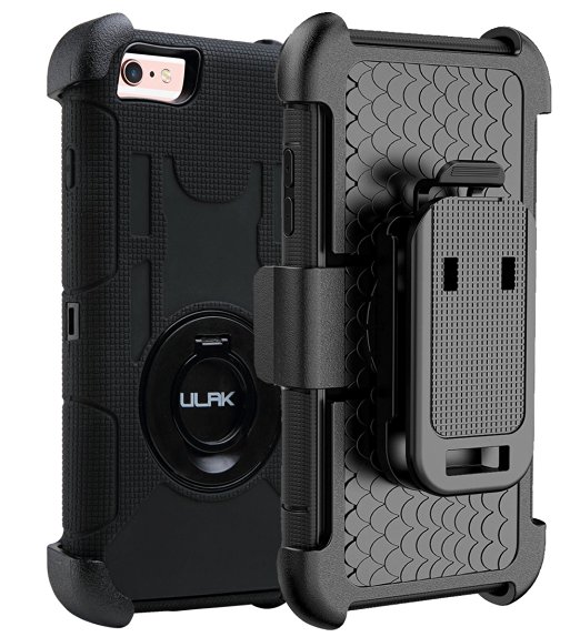 iPhone 6S Plus Case [5.5 inch], ULAK Heavy Duty [Dual Layer] Shockproof Protective Grip Case for Apple iPhone 6 Plus (2014)/6s Plus (2015) with Swivel Belt Clip Holster and Kickstand-[Black]