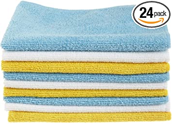 AmazonBasics Blue, White, and Yellow Microfiber Cleaning Cloth - Pack of 24