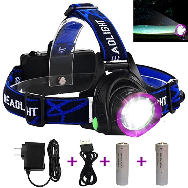 Adjustable Headlamp , LED Headlamp Flashlight Headlights with Rechargeable 18650 Batteries USB Charger for Cycling Running Dog Walking Camping Hiking Fishing Night Reading (Purple headlamp)