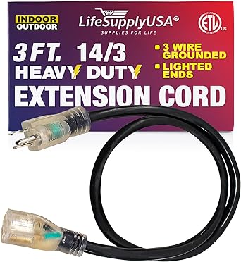 3 ft Power Extension Cord Outdoor & Indoor Heavy Duty 14 Gauge/3 Prong SJTW (Black) Lighted end Extra Durability 15 AMP 125 Volts 1875 Watts ETL Listed by LifeSupplyUSA