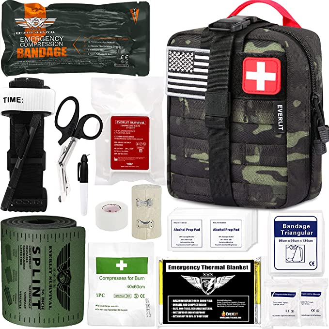 EVERLIT Emergency Trauma Kit GEN-I with Aluminum Tourniquet 36" Splint, Military Combat Tactical IFAK for First Aid Response, Critical Wounds, Gun Shots, Severe Bleeding Control (GEN-1 Black Camo)