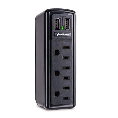 CyberPower TRVL918 Travel Surge Protector with 3-Outlets, 2 USB Charging Ports, Flip Out Plug