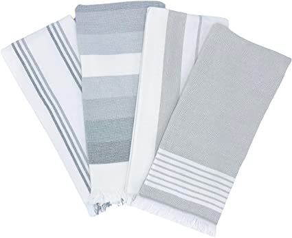 The Accented Co. Kitchen Towels, Set of 4 - Thick, Absorbent, Fast Drying Tea Towels - Turkish Cotton with Hanging Loop (28x18 inches)(Silver Gray)