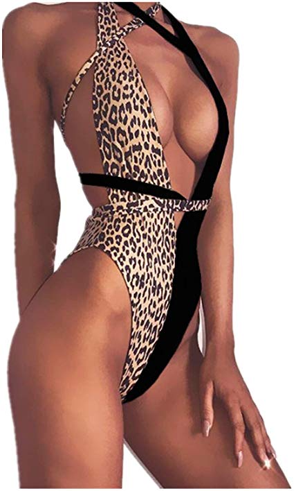 Women Leopard Print One Piece Swimsuit Swimwear Bandage High Cut Monokini Bathing Suit