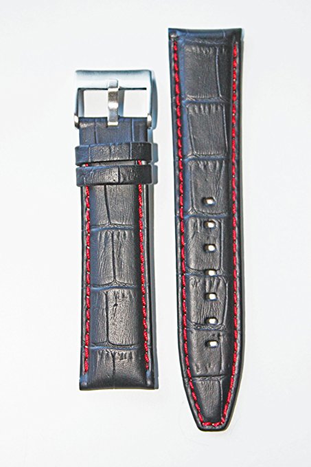 24mm Black Matte Alligator Grain with Red Contrast Stitching