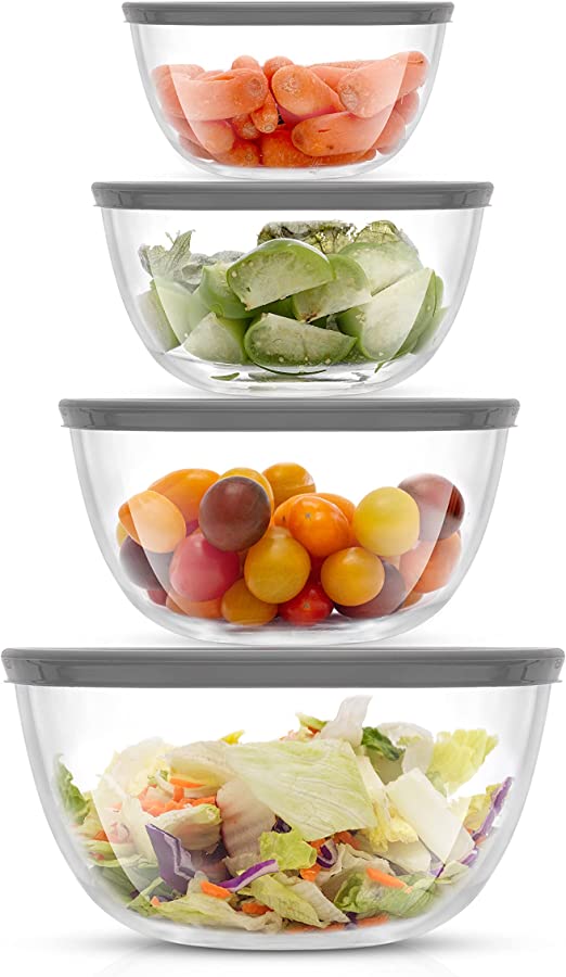 JoyJolt Kitchen Mixing Bowls - 8pc Glass Bowls with Lids Set – Neat Nesting Bowls - Large Mixing Bowl Set Batter Bowl - Cooking Bowls - Storage Bowls with Lids and Big Salad Bowl with BPA-Free Lids