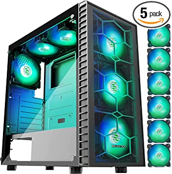 MUSETEX ATX Computer Case with Tempered Glass Side Panel，PC Gaming Case with 6pcs 120mm LED ARGB Fans & USB 3.0 Port, Black Mesh Mid Tower case(G06N6-BW)