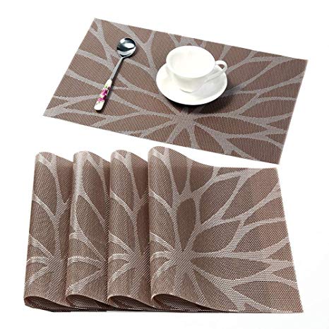 HEBE Placemats for Dining Table Washable Placemat Set of 4 Heat Resistant Woven Vinyl Non-Slip Kitchen Table Mats Wipe Clean(4, Brown)