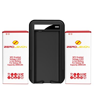 ZeroLemon 2x Samsung Galaxy S5 2800mAh Batteries With NFC Activated   World's Fastest Battery Charger with USB Charge Port (OUTPUT:600MA / USB OUTPUT 1000MA) - 180 Day Warranty