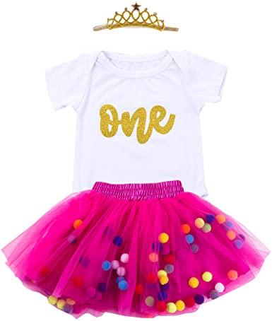 Baby Girls 1st Birthday Outfit Glitter One Romper Balls Skirt Crown Headband