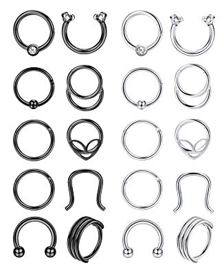 ORAZIO 20pcs Stainless Steel Septum Nose Ring Hoop Set Hinged Segment Lip Trague Cartilage Clicker Body Jewelry Piercing 16G