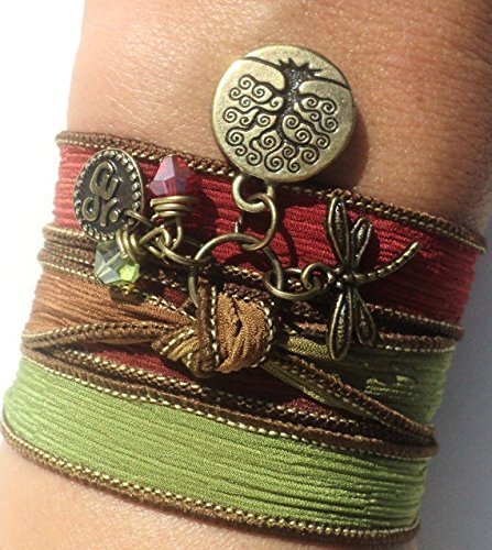 Tree of Life Silk Wrap Bracelet Yoga Om Dragonfly Boho Ribbon Jewelry by Bohemian Earth Designs