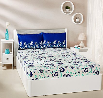 Solimo Jasmine Zest 144 TC 100% Cotton Double Bedsheet with 2 Pillow Covers, Blue