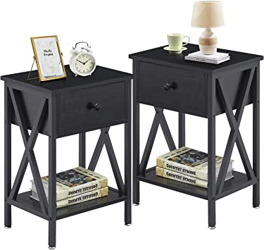 VECELO Nightstand Modern Side End Tables Night Stand with Bin Drawer for Living Room Bedroom, Set of 2, Industrial Metal Frame, Nightstands, Vintage Black