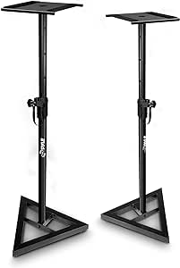 Pyle, Speaker Stand, Speaker Stands Floor Pair, Pair of Sound Play 1 & 3 Holder, Telescoping Height Adjustable from 66–132 cm, Heavy Duty Three-Point Triangle Base with Floor Spikes & Square Platform