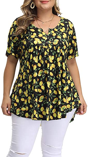 Allegrace Women's Plus Size Floral Blouses Henley V Neck Button Up Tunic Tops Ruffle Flowy Short Sleeve T Shirts