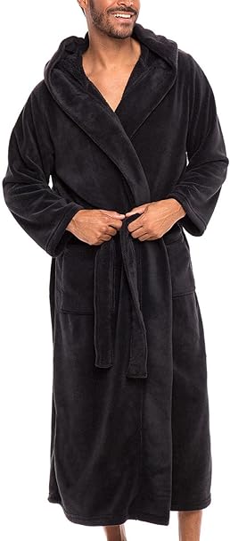 Alexander Del Rossa Men's Soft Plush Fleece Hooded Bathrobe, Full Length Long Warm Lounge Robe with Hood