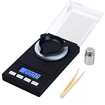 WAOAW Digital Milligram Scale 100 X 0.001g Reloading Jewelry Scale Digital Weight with Calibration Weights Tweezers and Weighing Pans (Batteries included)