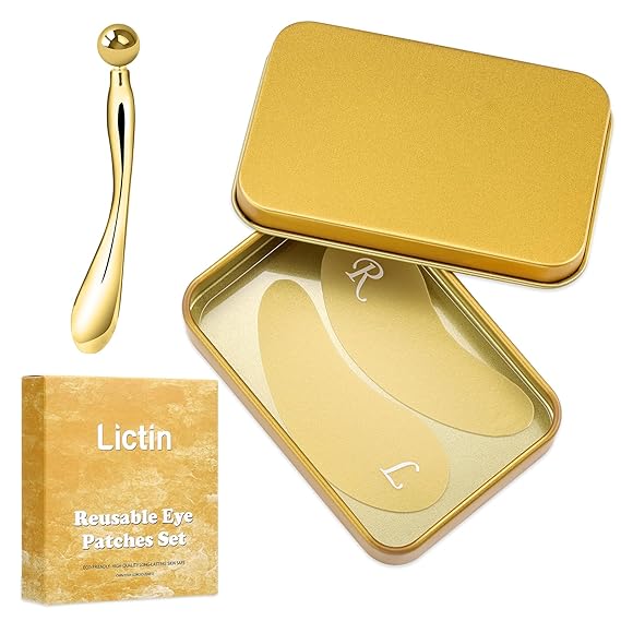 Lictin Reusable Eye Patches, Silicone Under Eye Patches with Lifting Effect to Reduce Wrinkles and Fine Lines, Pair with Metal Eye Cream Applicator,Tin Case