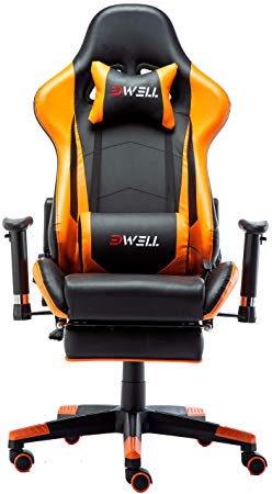 EDWELL Computer Gaming Chair, Height Adjustable Swivel PC Chair with Retractable Footrest Headrest and Lumbar Massager Cushion Support Leather Reclining Executive Office Chair (Orange)
