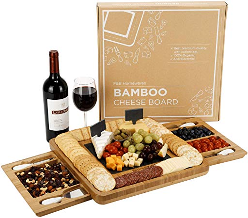 F&B Bamboo Cheese Board with Stainless Steel Cutlery Set (Premium Bamboo) - Two Slide-Out Serving Platter Drawers and Removable Slate, 2 Chalks and 4 Markers, Cheese Cutting Board set