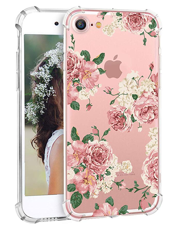 iPhone 8 Case Girly Floral Print iPhone 7 Case Hepix Pink Flowers Design Clear Soft Slim Flexible Watercolor Back Case Cover with TPU Bumper for iPhone 7 Rose Flower