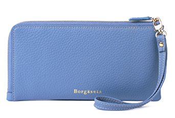Borgasets RFID Identity Safe Leather Wallet with Removable Strap Wristlet Zip Clutch