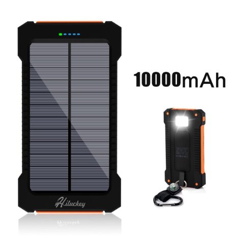 Solar Charger, Hiluckey 10000mAh Solar Power Bank Waterproof Portable Solar Panel Energy Rugged Shockproof Dual USB Port With LED Flashlight for iPhone, Android Smart Phone