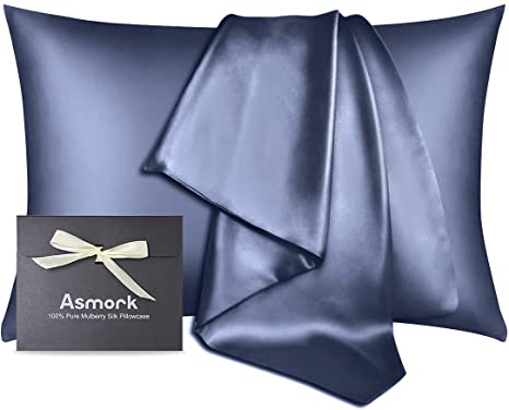 Asmork 100% Mulberry Silk Pillowcase for Hair and Skin, Both Side 19 Momme Real Silk, Hidden Zipper Pure Silk Bed Pillowcase Covers, Envelope Gift Box,1PC (A-Flint Blue, Standard 20''×26'')