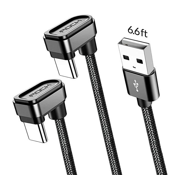 USB Type C Cable 2-Pack 6.6FT, ROCK 180 Deg Angle Type C Cable, Fast Charging Nylon Braided USB C to USB Cord for Galaxy S9/S8/Note 9, Moto Z2, LG G6/G5/V30, Google Pixel, Nexus 6P/5X, Nintendo Switch