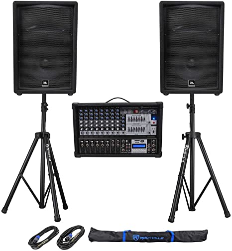 (2) JBL Pro JRX212 12" 2000w PA/DJ Speakers Powered 12-Channel Mixer Stands