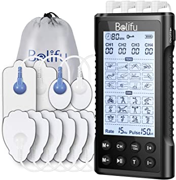 Belifu 4 Independent Channel TENS EMS Unit, 24 Modes,30 Level Intensity Muscle Stimulator Machine, Rechargeable Electric Pulse Massager with 10 Pads&5 Set Leads Wires, for Pain Relief Therapy