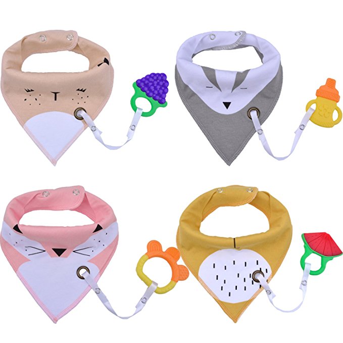 Baby Bibs,Aniwon 4 Pack Bandana Drool Bibs and 4 Baby Teething Toys Gift Set