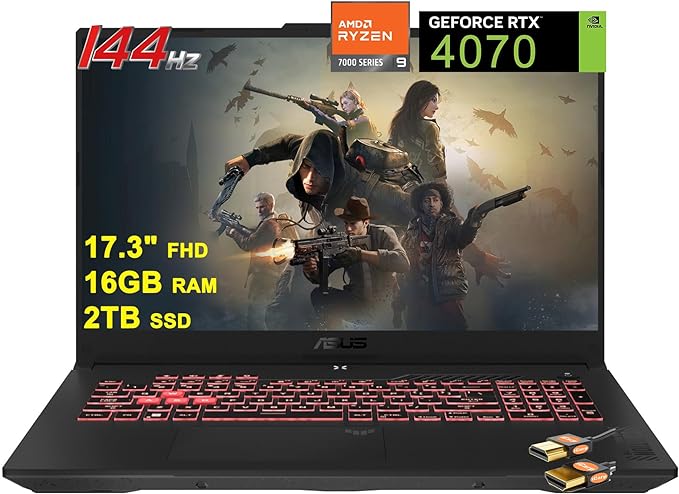 Asus TUF Gaming A17 Laptop 17.3" FHD Anti-Glare 144Hz AMD 8-core Ryzen 9 7940HS 16GB RAM 2TB SSD GeForce RTX 4070 8GB Backlit USB-C Hi-Res AI Noise Cancelation Fast Charging Win11 Gray   HDMI Cable